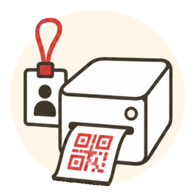 Ícono de una impresora con gafete y código QR para acreditación de participantes.